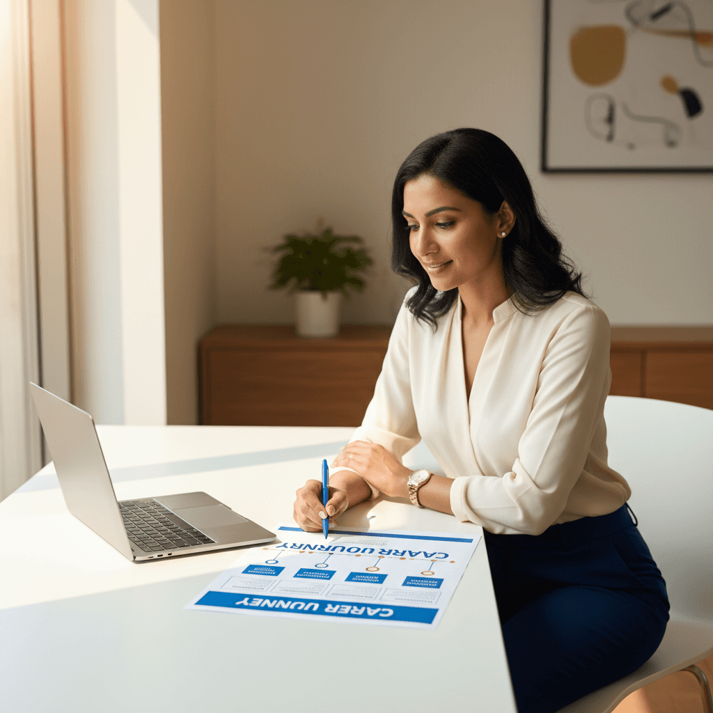 Professional reviewing career planning roadmap on laptop