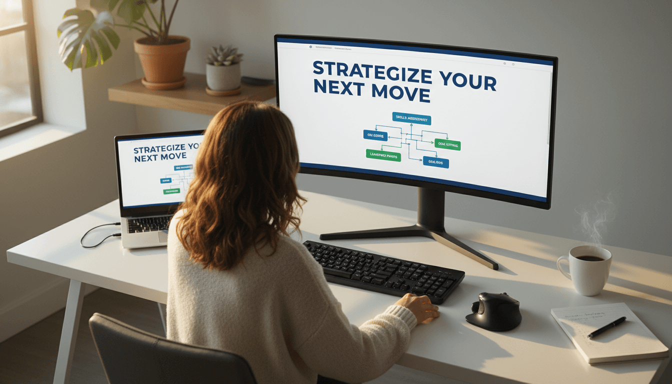Professional working at a modern desk with a laptop displaying career planning tools